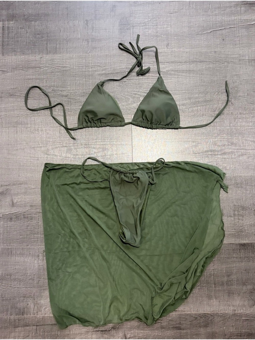 Olive Green Triangle Bikini Set with Sheer Sarong